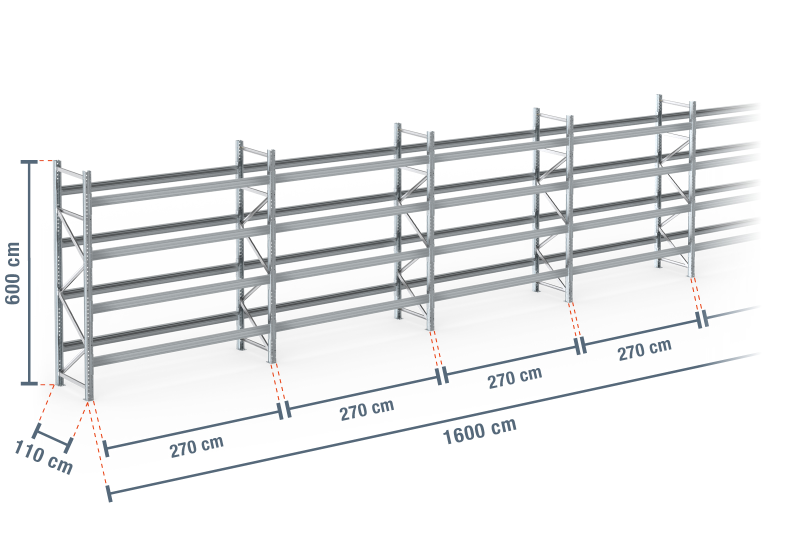 16 m pallet rack PR9000F galvanised / 110 cm deep / 6 m high / 4 levels ...