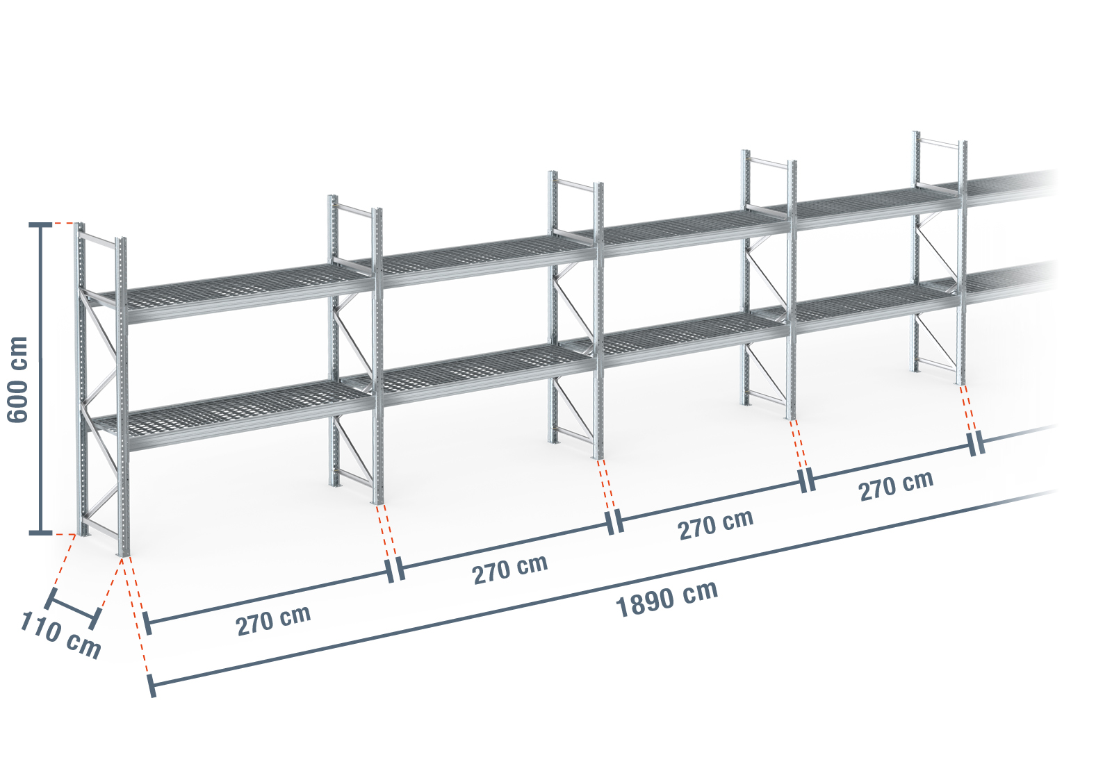18,9 m pallet rack PR9000F galvanised / 110 cm deep / 6 m high / 2 ...