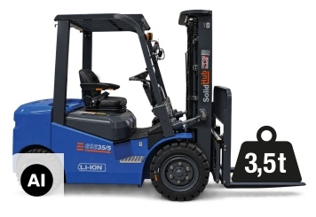 LI-ION electric forklift GSE35/5 incl. 380 V / 200 A fast charger, load capacity 3.500 kg, SolidHub 