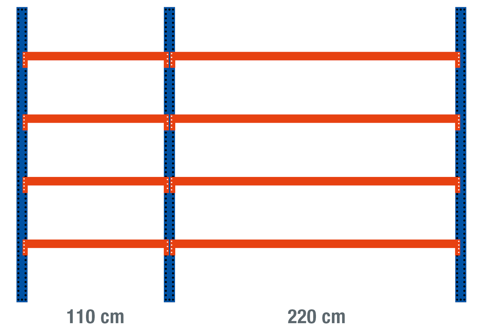 Axial dimensions of the industrial shelving systems